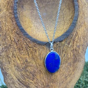 Lapis Lazuli Necklace – Silver Bezel Pendant on Stainless Steel Chain