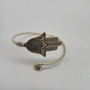Lapis Lazuli Hamsa Brass Adjustable Bracelet – Handmade Gemstone Jewelry for Women