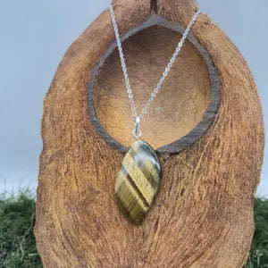 Handmade Yellow Tiger's Eye Pendant: Steel Chain, Healing Crystal