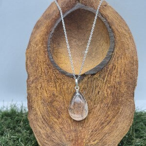 Clear Quartz Necklace – Cabochon Gemstone Pendant with Stainless Steel Chain