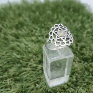 Labradorite Crystal Mandala Silver Plated Ring, Blue Stone Adjustable Ring