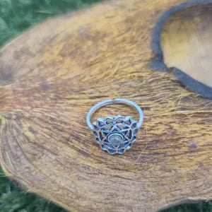 Labradorite Crystal Mandala Silver Plated Ring, Blue Stone Adjustable Ring