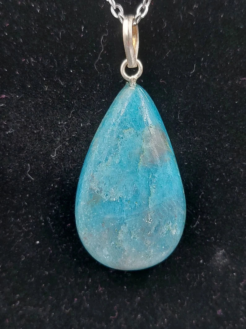 Blue Apatite Crystal Necklace Silver Plated