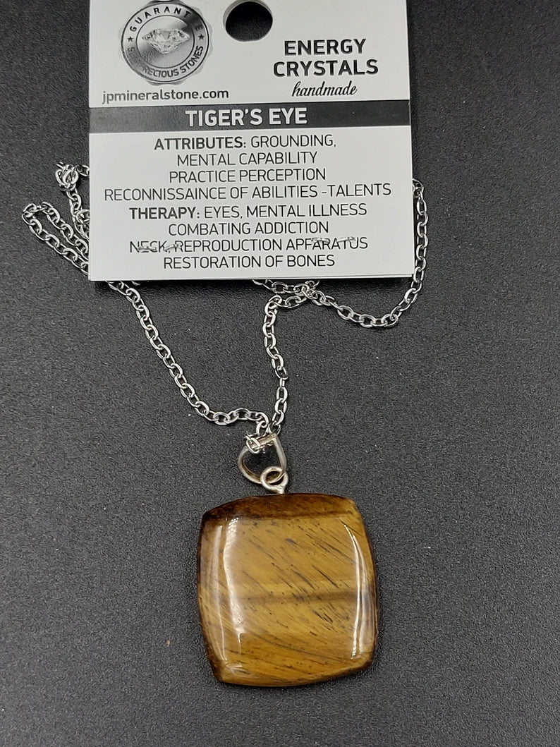 Handmade Yellow Tiger's Eye Pendant Sterling Silver Chain, Healing Crystal