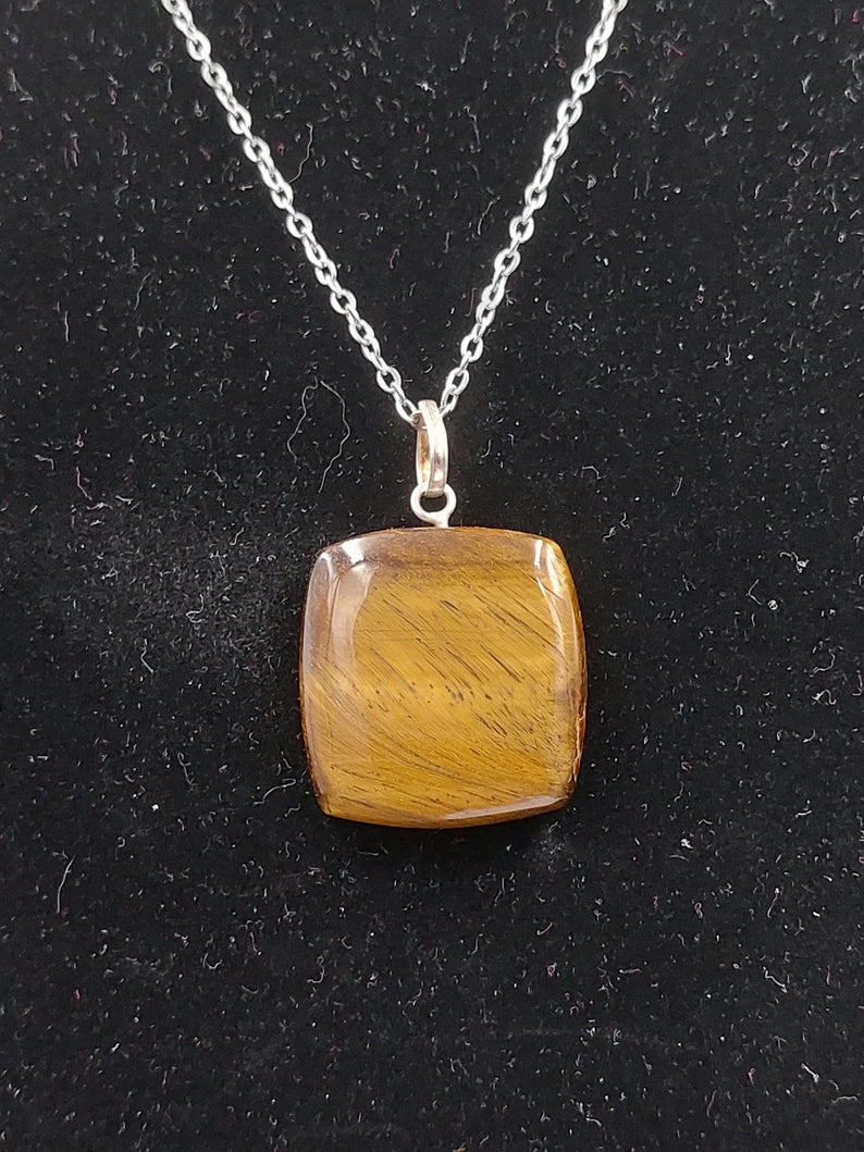 Handmade Yellow Tiger's Eye Pendant Sterling Silver Chain, Healing Crystal