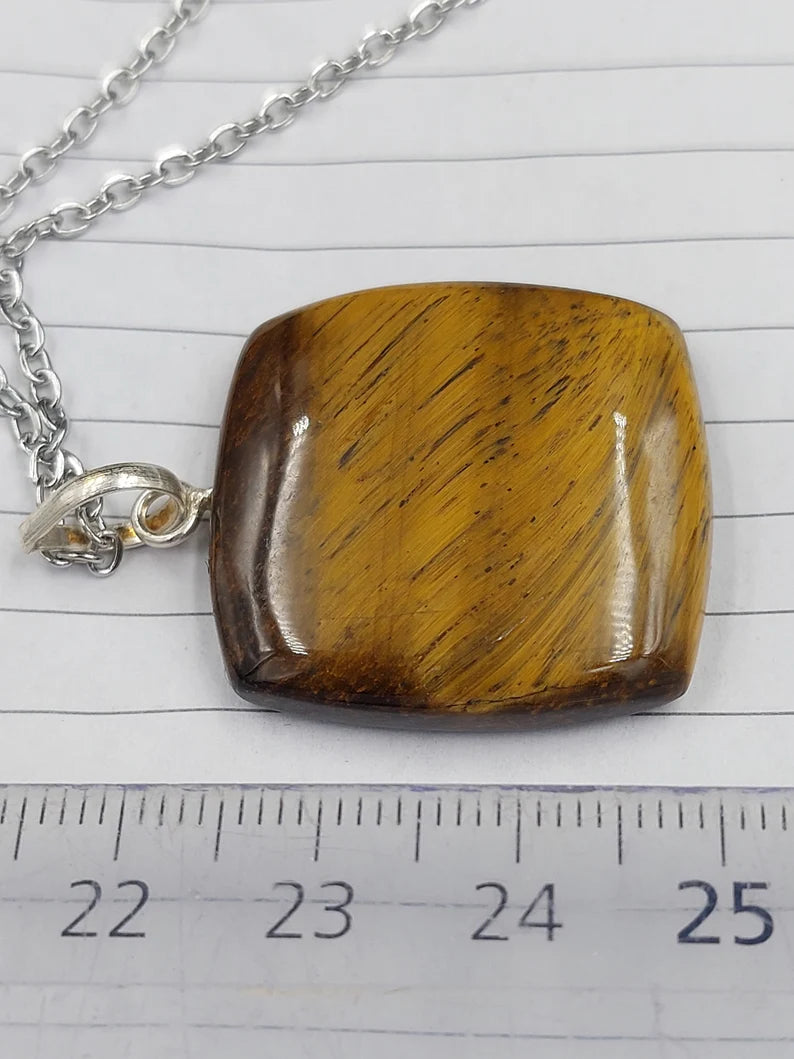 Handmade Yellow Tiger's Eye Pendant Sterling Silver Chain, Healing Crystal