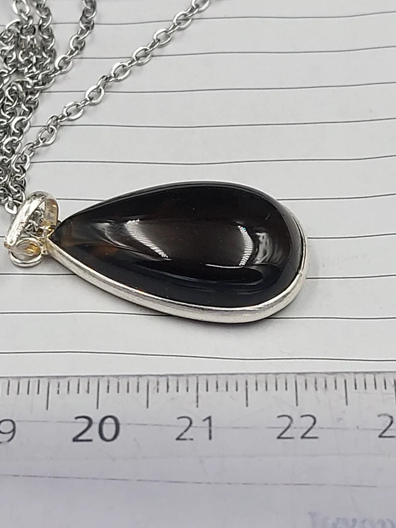 Smoked Quartz Sterling Silver Pendant Teardrop Cabochon Crystal