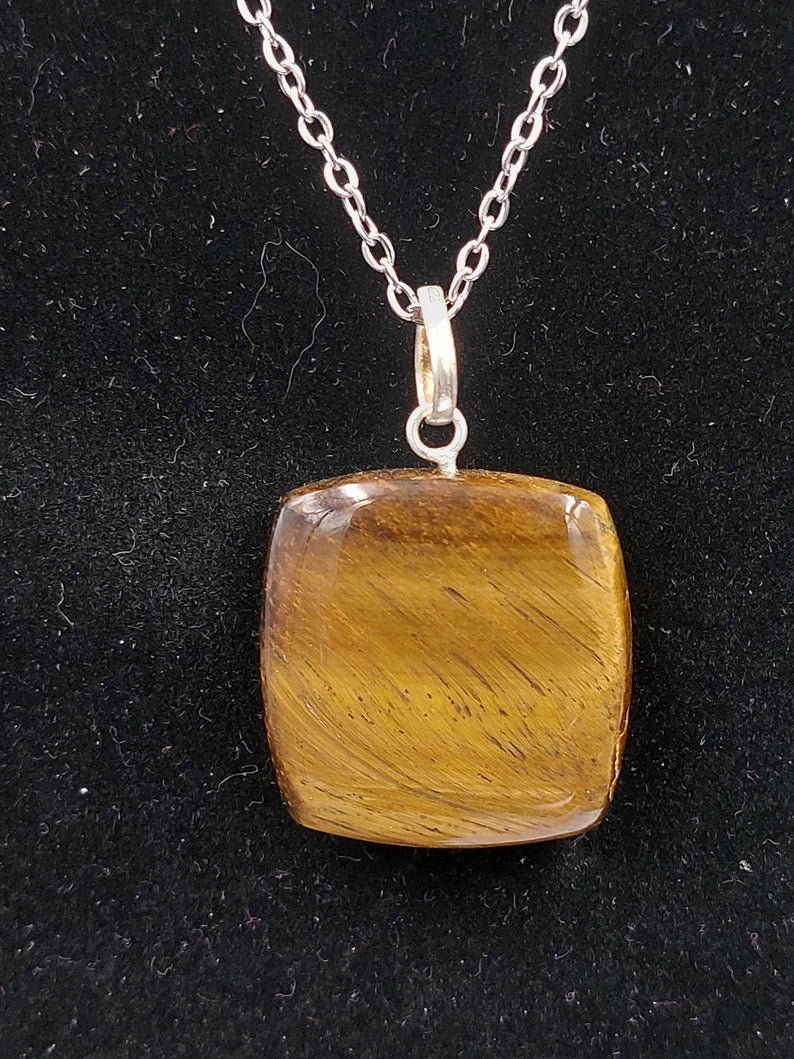 Handmade Yellow Tiger's Eye Pendant Sterling Silver Chain, Healing Crystal