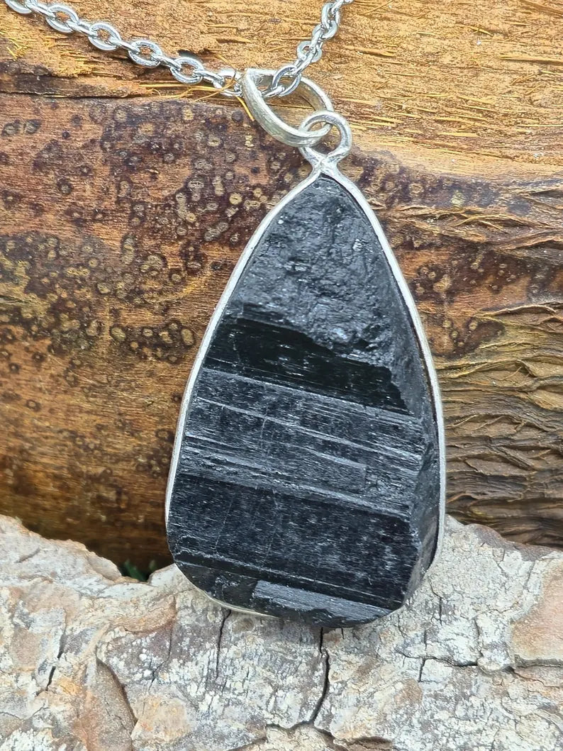 Raw Black Tourmaline Pendant Necklace in Silver Bezel with Steel Chain