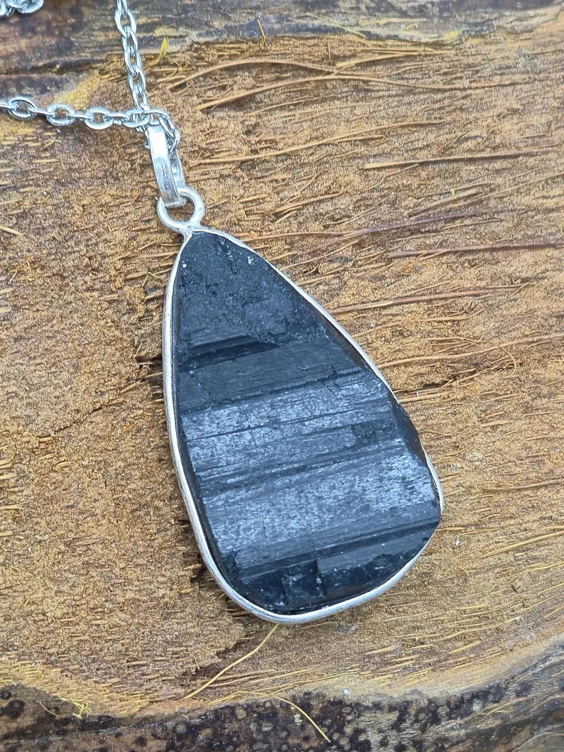 Raw Black Tourmaline Pendant Necklace in Silver Bezel with Steel Chain