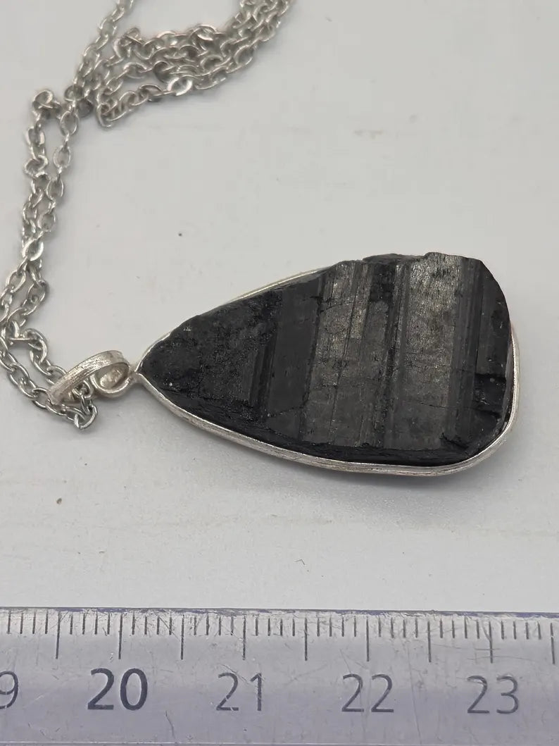 Raw Black Tourmaline Pendant Necklace in Silver Bezel with Steel Chain