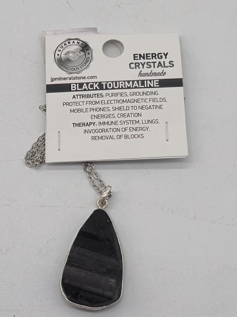 Raw Black Tourmaline Pendant Necklace in Silver Bezel with Steel Chain