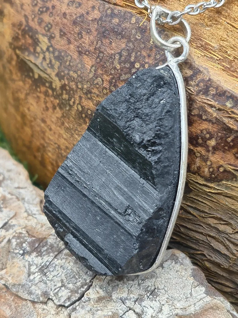 Raw Black Tourmaline Pendant Necklace in Silver Bezel with Steel Chain