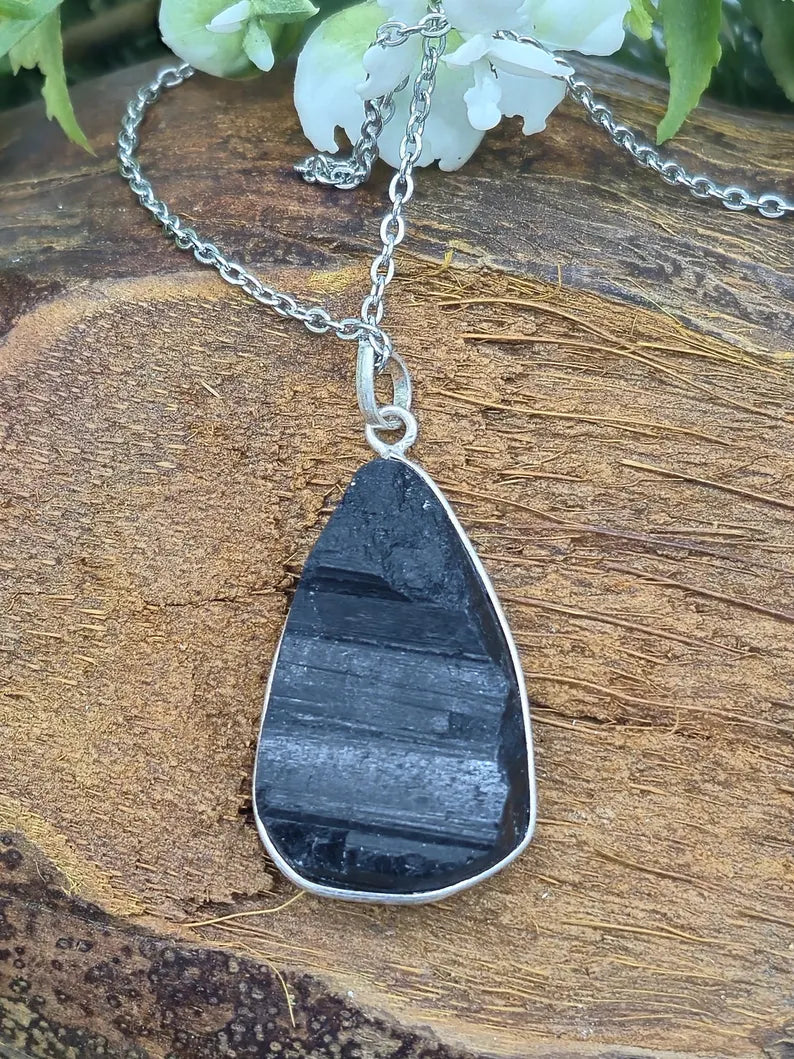 Raw Black Tourmaline Pendant Necklace in Silver Bezel with Steel Chain