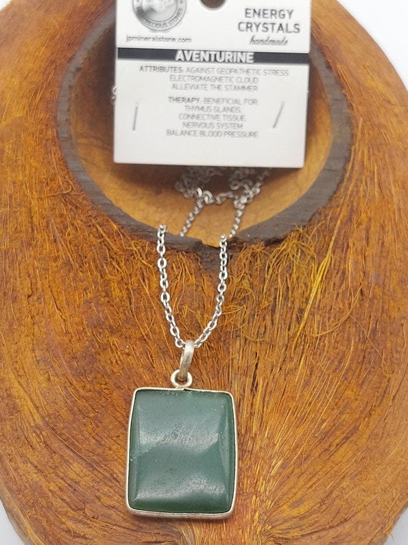 Green Aventurine Necklace – Crystal Pendant in Silver Bezel with Stainless Steel Chain