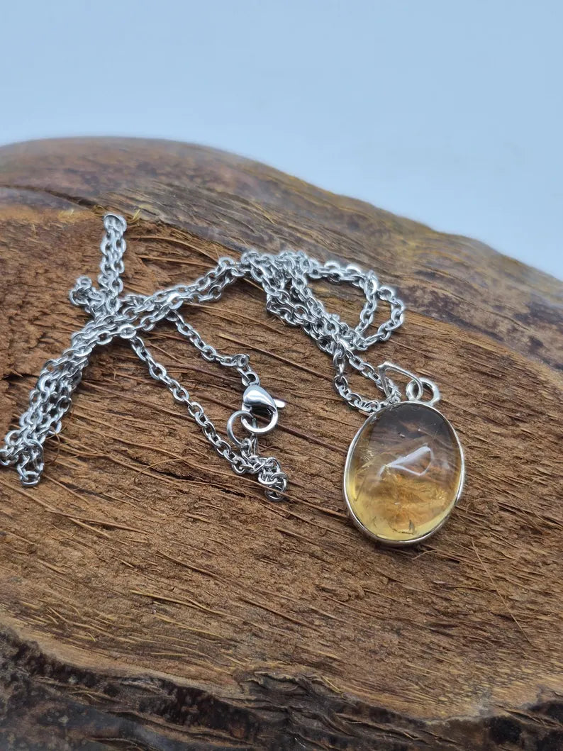 Natural Citrine Necklace: 925 Silver Bezel, Stainless Steel Chain