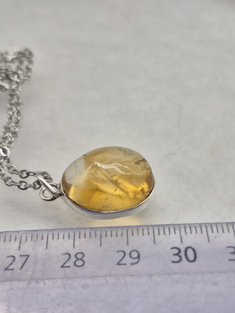 Natural Citrine Necklace: 925 Silver Bezel, Stainless Steel Chain
