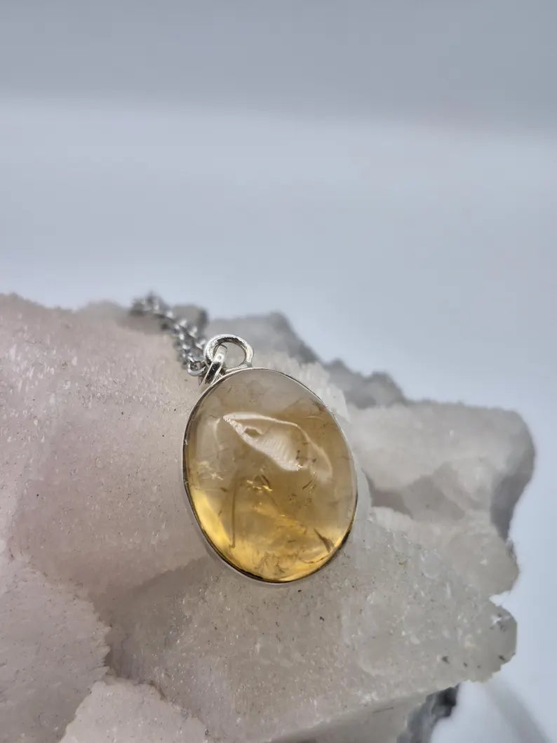 Natural Citrine Necklace: 925 Silver Bezel, Stainless Steel Chain