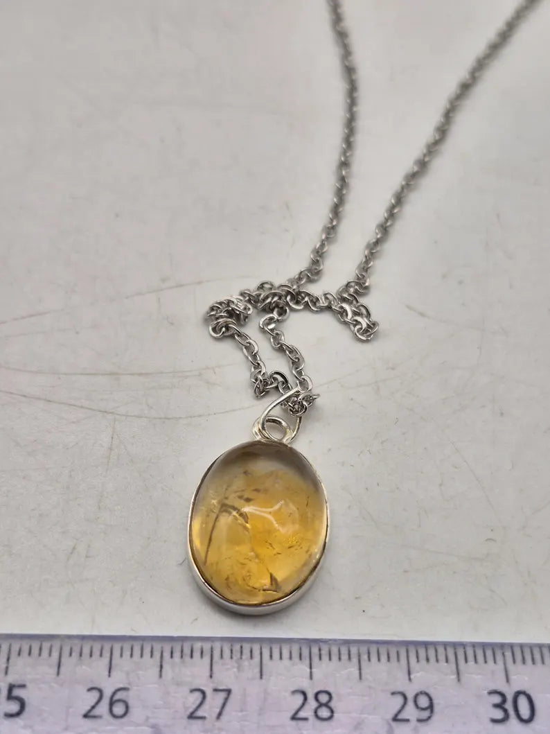 Natural Citrine Necklace: 925 Silver Bezel, Stainless Steel Chain