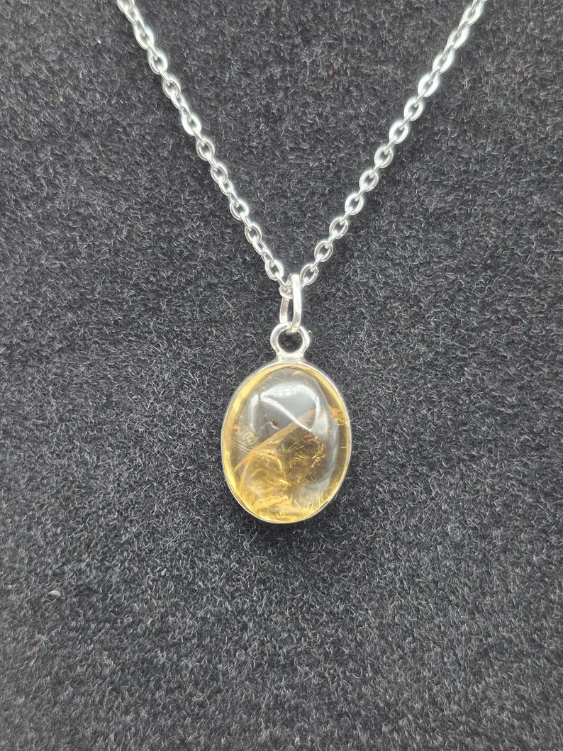 Natural Citrine Necklace: 925 Silver Bezel, Stainless Steel Chain