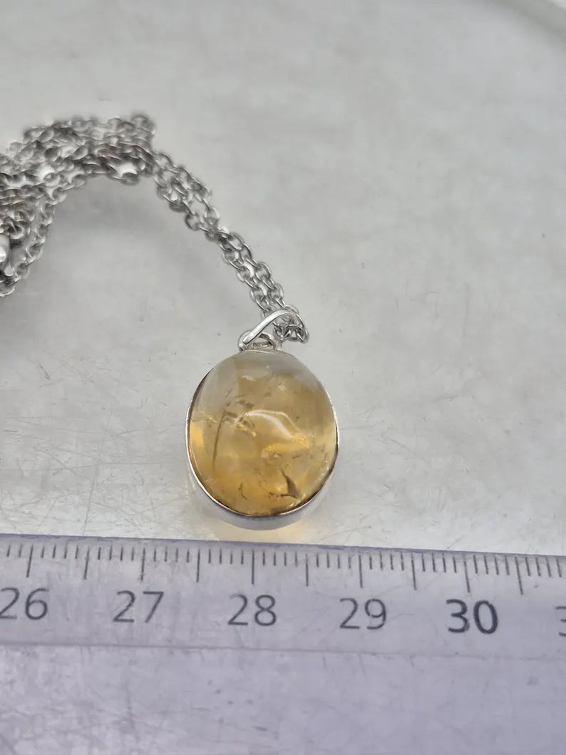 Natural Citrine Necklace: 925 Silver Bezel, Stainless Steel Chain