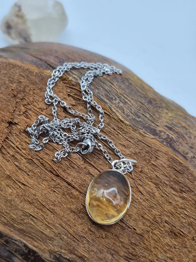 Natural Citrine Necklace: 925 Silver Bezel, Stainless Steel Chain