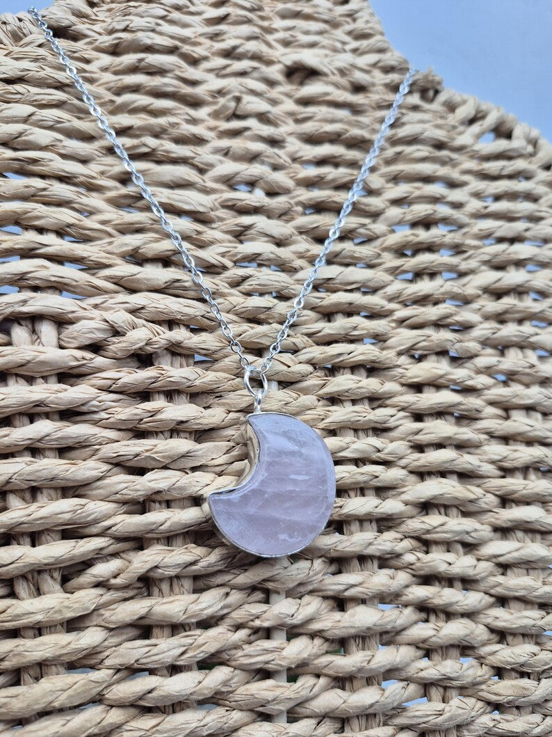 Rose Quartz Crescent Moon Necklace – Silver‑Plated Pink Gemstone on Steel Chain