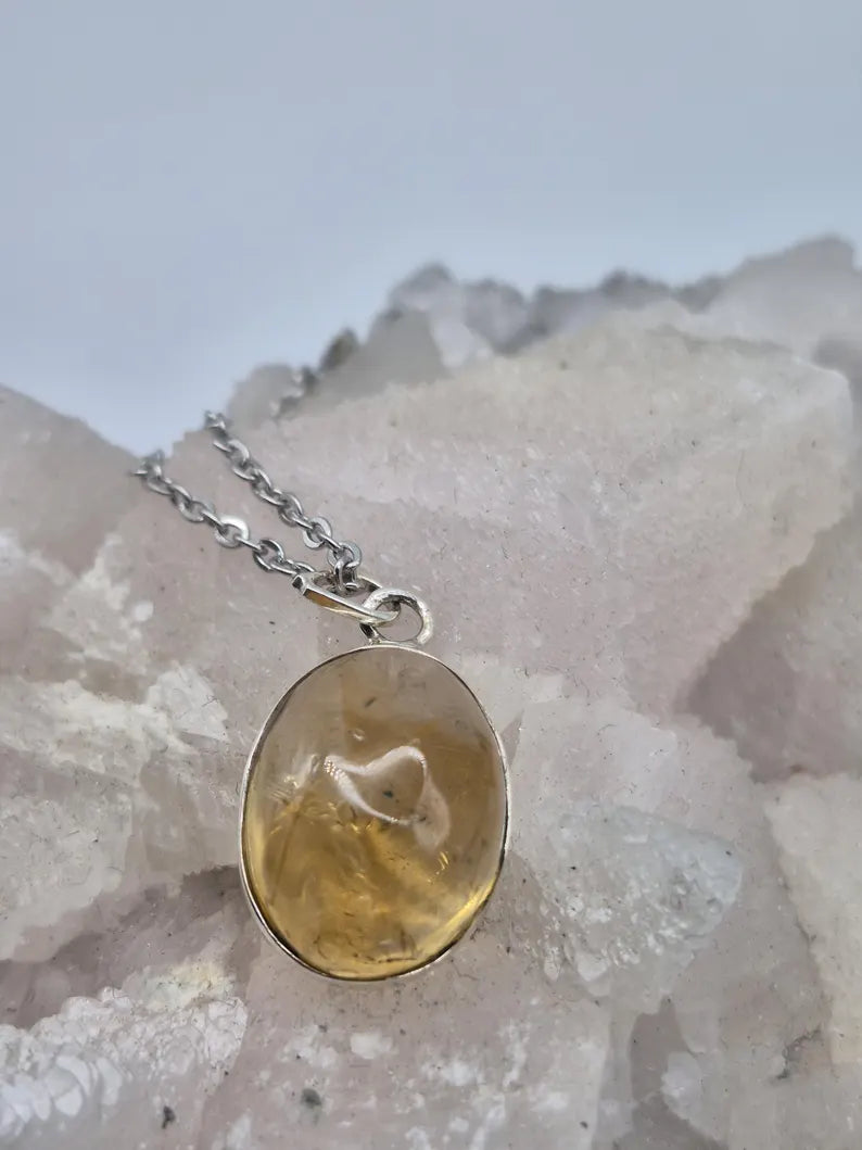 Natural Citrine Necklace: 925 Silver Bezel, Stainless Steel Chain