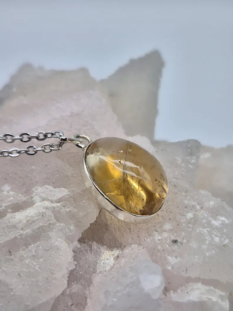 Natural Citrine Necklace: 925 Silver Bezel, Stainless Steel Chain