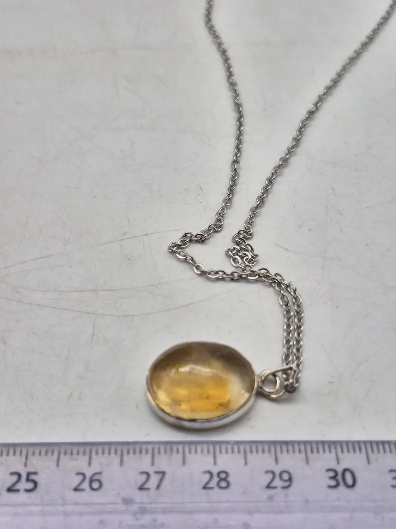 Natural Citrine Necklace: 925 Silver Bezel, Stainless Steel Chain