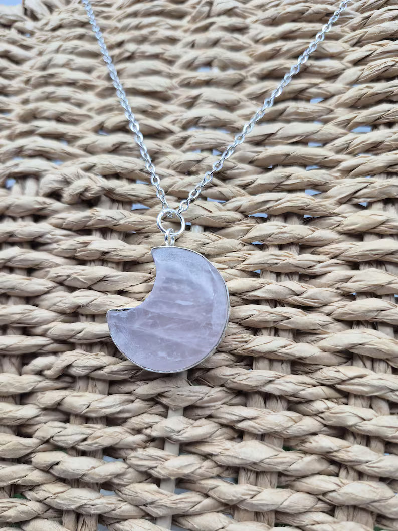 Rose Quartz Crescent Moon Necklace – Silver‑Plated Pink Gemstone on Steel Chain