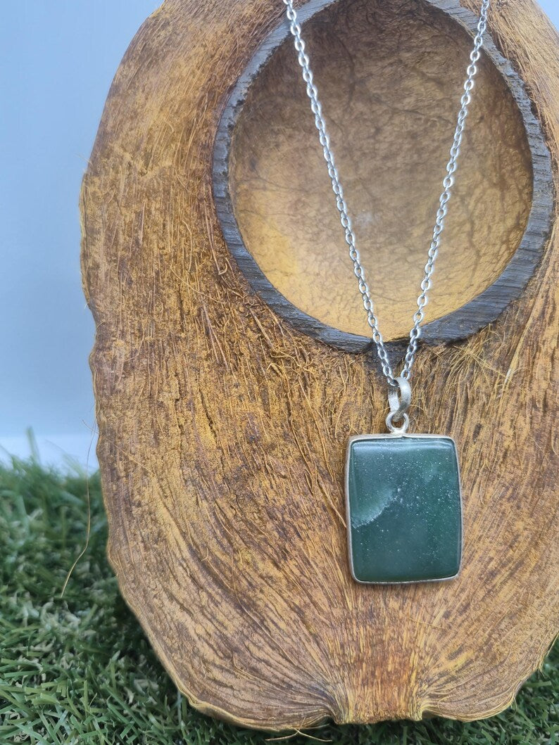 Green Aventurine Necklace – Crystal Pendant in Silver Bezel with Stainless Steel Chain