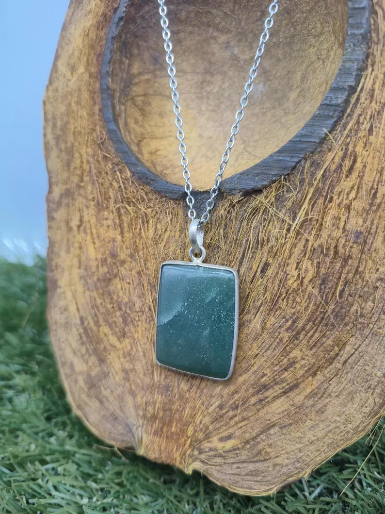 Green Aventurine Necklace – Crystal Pendant in Silver Bezel with Stainless Steel Chain