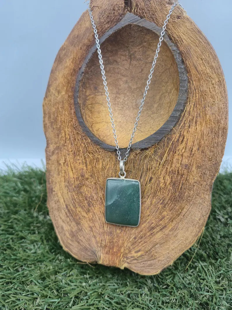 Green Aventurine Necklace – Crystal Pendant in Silver Bezel with Stainless Steel Chain