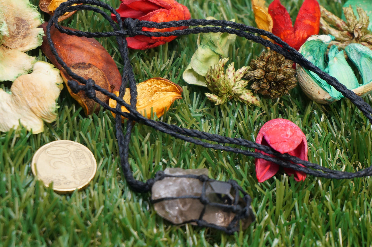 Crystal Smoked Quartz Rough με τυλιγμένο ορυκτό μακραμέ