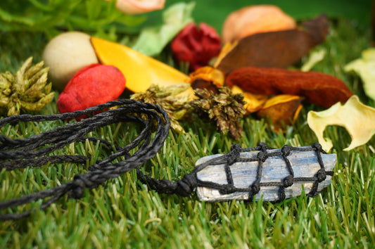 Blue Kyanite Blade Rough Crystal Macrame Necklace