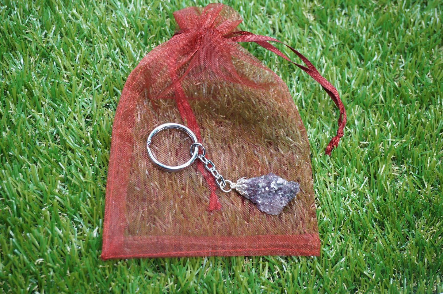 Natural Lepidolite with Pink Tourmaline Crystal Keychain