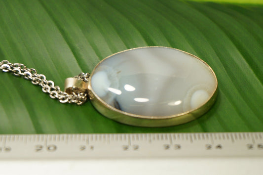 Blue Lace Agate Necklace Cabochon Cut Sterling Silver 925 Bezel Pendant