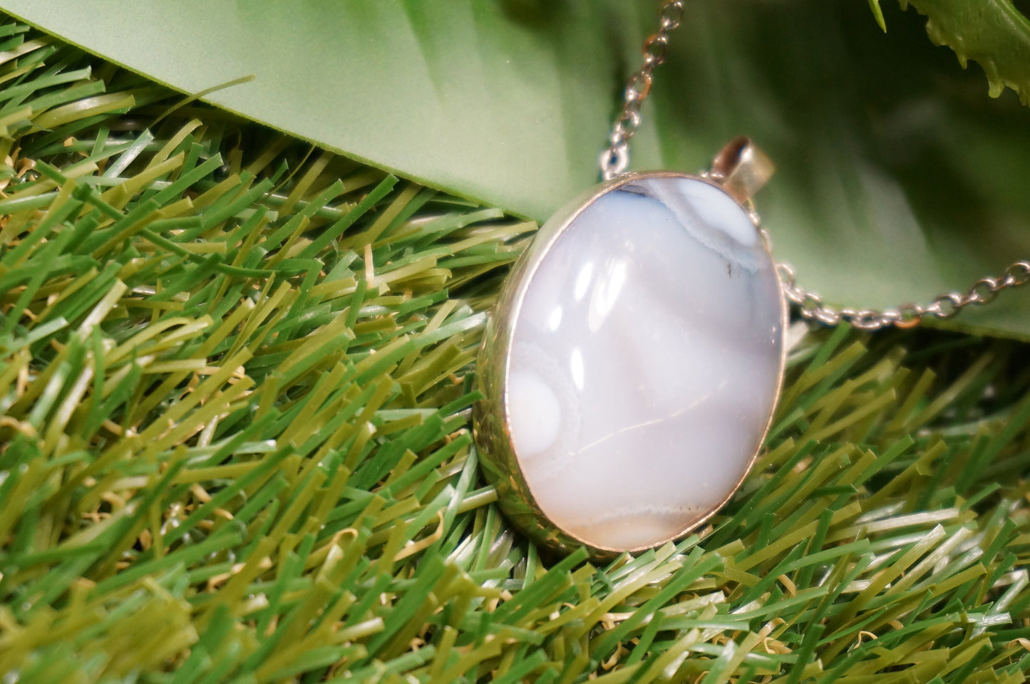 Blue Lace Agate Necklace Cabochon Cut Sterling Silver 925 Bezel Pendant