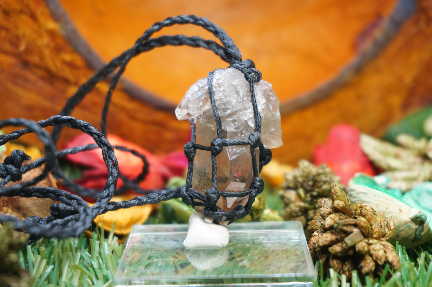 Crystal Smoked Quartz Rough με τυλιγμένο ορυκτό μακραμέ