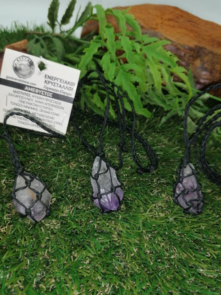 Natural Point Amethyst Crystal Makrame Wrapped Necklace Purple Gem Rough Mineral Healing Protection Stone Birthstone