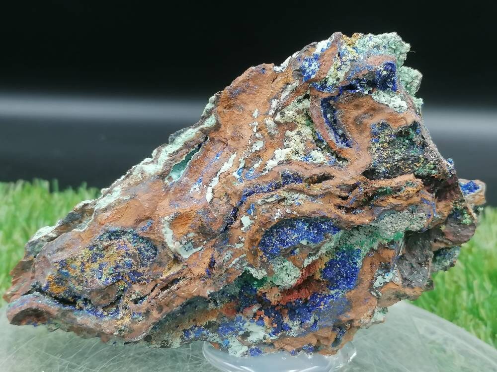 Crystal Azurite with Malachite-Greek Mineral With Calcite OxidationThat Is Glued On Plexiglass Base Amazing Collector's Piece Extra Quality