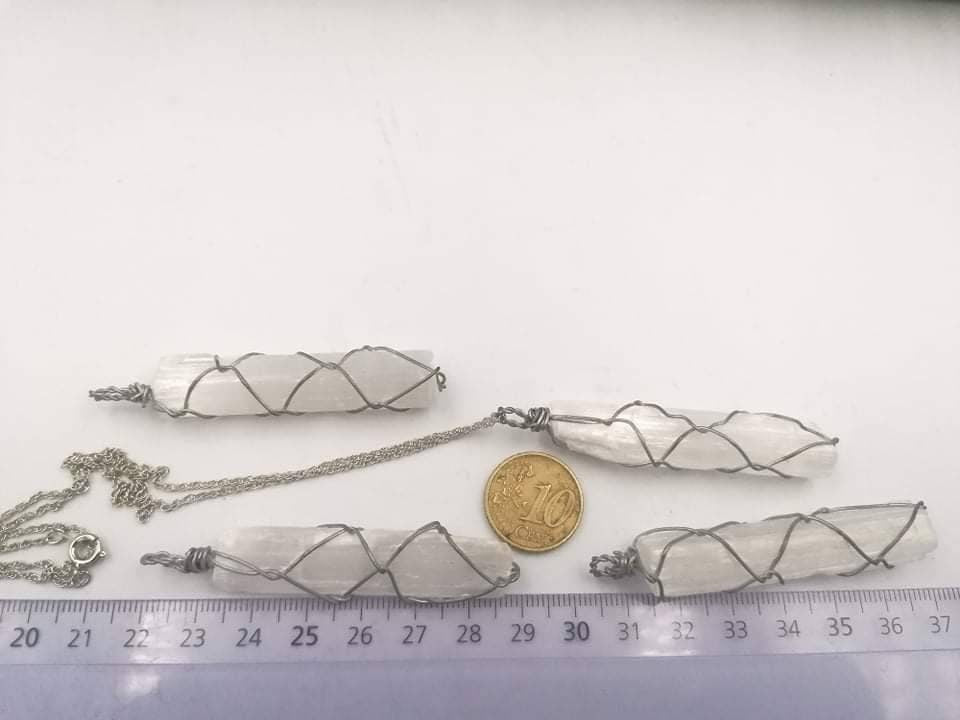Natural Selenite Steel Wire Wrapped Mineral Stone Necklace Crystal Healing Birthstone Idea Jewerly Power