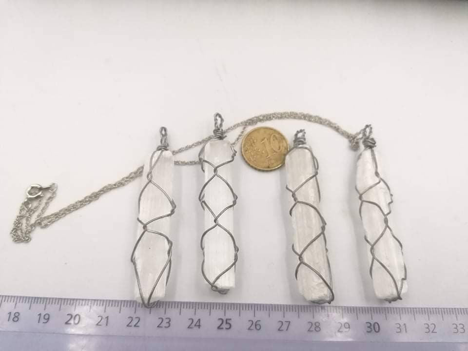 Natural Selenite Steel Wire Wrapped Mineral Stone Necklace Crystal Healing Birthstone Idea Jewerly Power