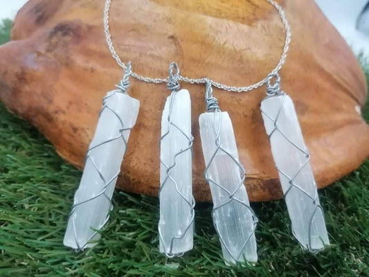 Natural Selenite Steel Wire Wrapped Mineral Stone Necklace Crystal Healing Birthstone Idea Jewerly Power