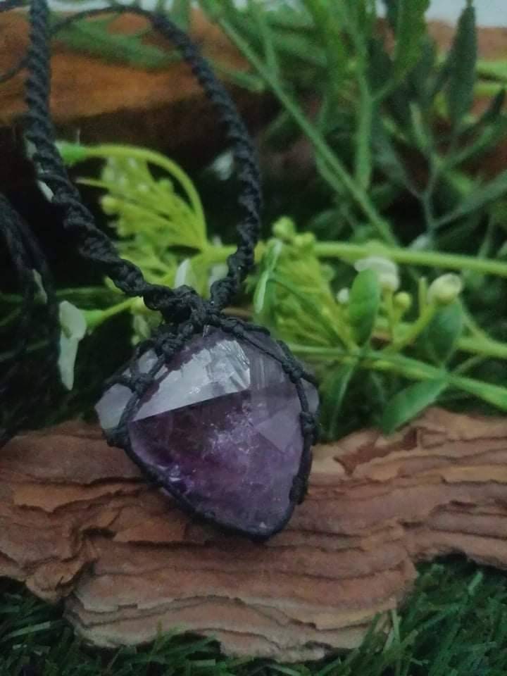Amethyst-Healing-Mineral stone-Protection-Energy-Macrame necklace wrapped-hippie style-gift