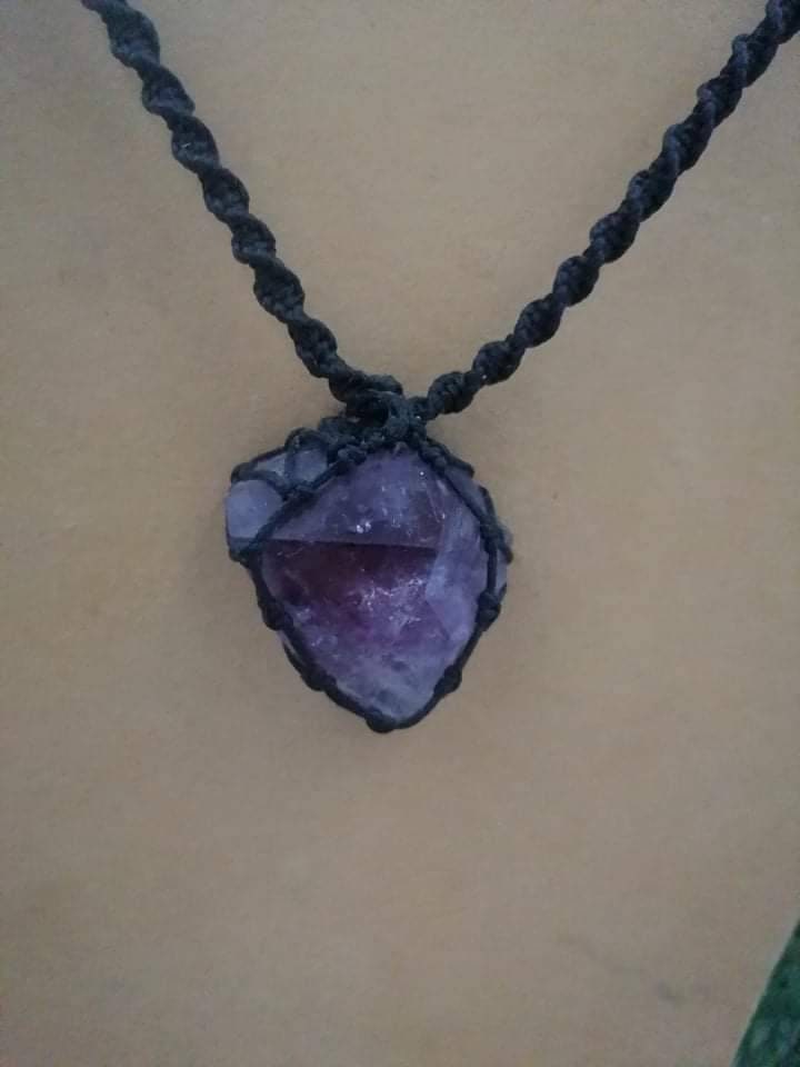 Amethyst-Healing-Mineral stone-Protection-Energy-Macrame necklace wrapped-hippie style-gift