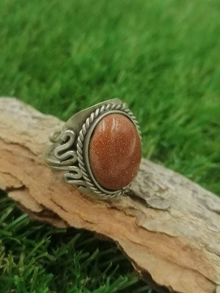 Sun stone alpaca metal cabochon cut Crystal Healing Ring - Master Healer, Chakra Alignment, Aura Protection, Amplifier