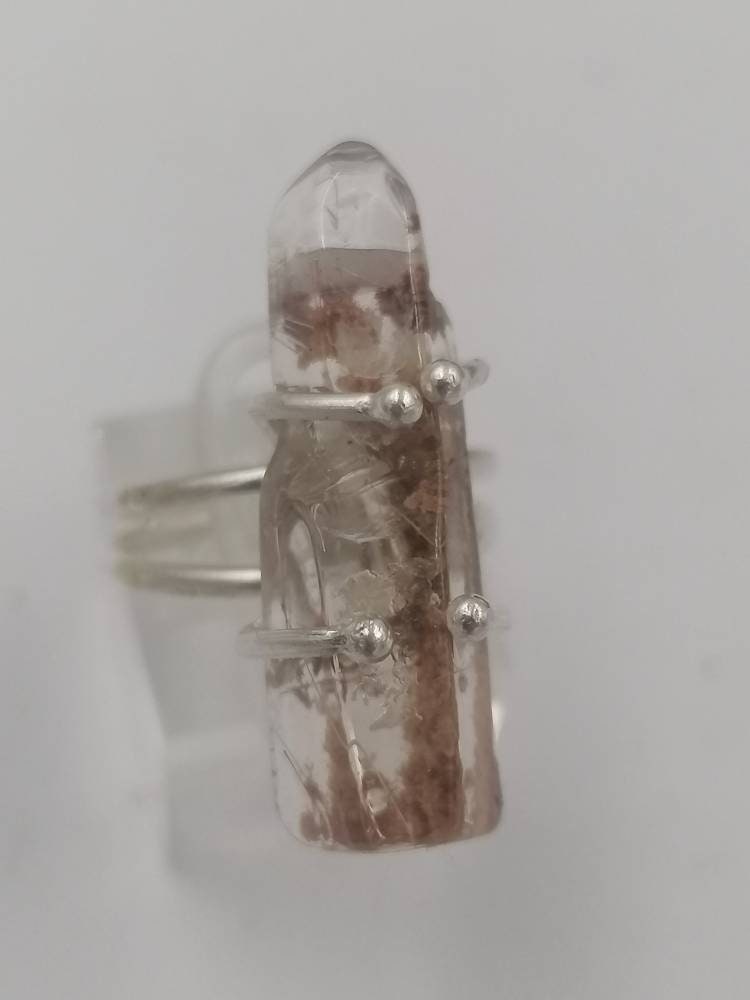 Sterling silver 925 ring with natural gems crystal quartz garden oxidation of hematite faceted cut - Chakra Alignment, Aura Protection