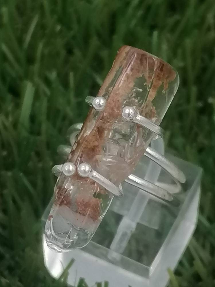 Sterling silver 925 ring with natural gems crystal quartz garden oxidation of hematite faceted cut - Chakra Alignment, Aura Protection